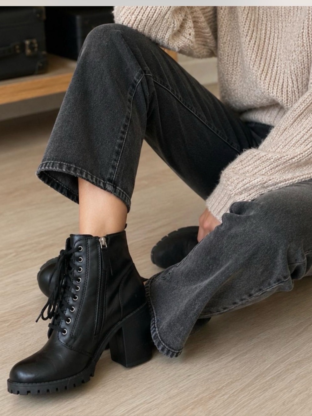 Soda Black Lace-Up Combat Moto Boots
